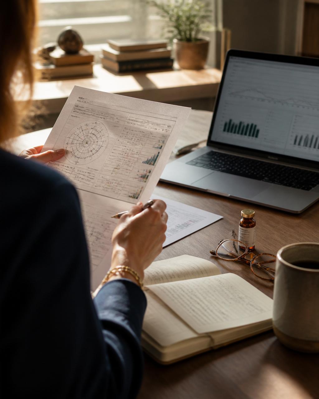 Functional medicine clinician reviewing lab panels and diagnostic charts at a sunlit desk