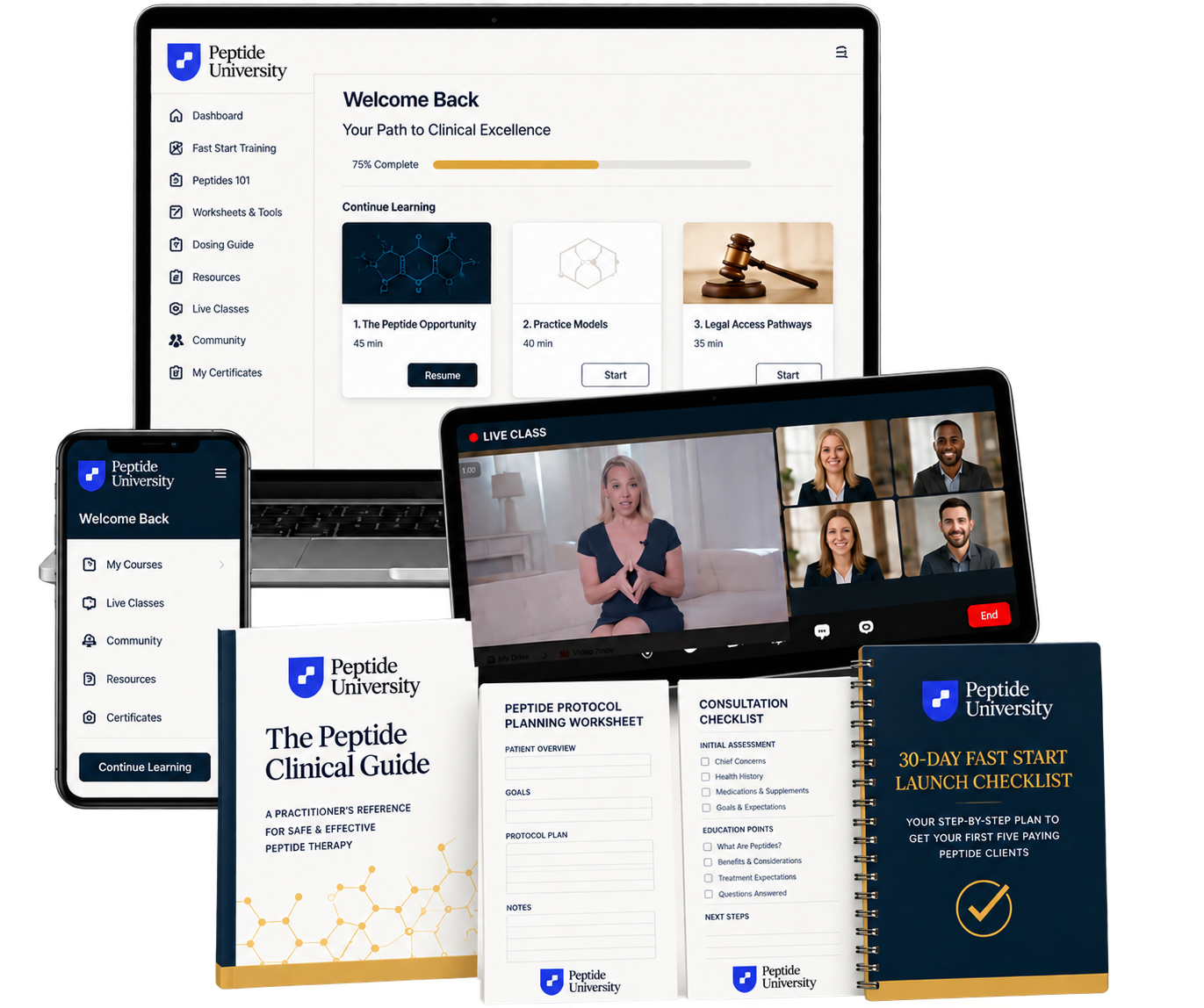 Peptide Practice Fast Track course, live classes, clinical guides and planning worksheets shown across devices