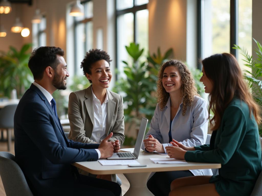 Healthcare professionals in conversation around a table